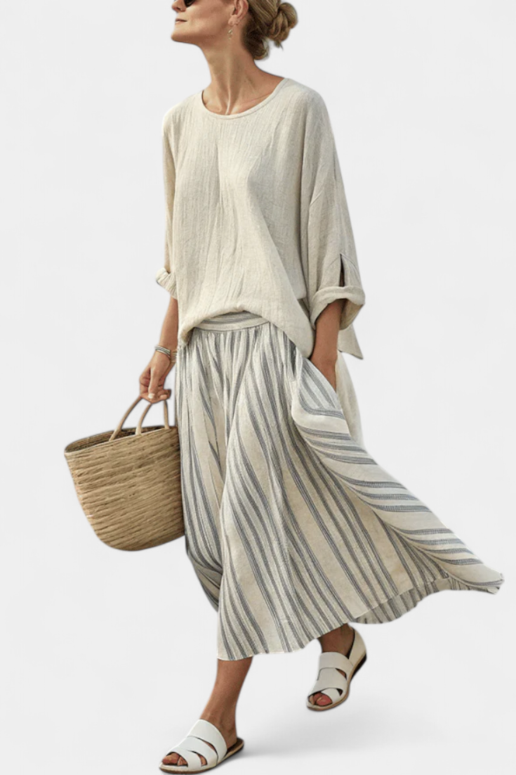 Daisy Conjunto Casual de Blusa Suelta y Falda Midi a Rayas