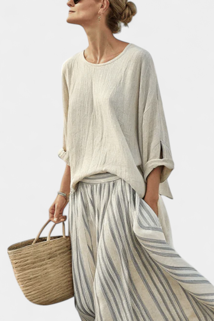 Daisy Conjunto Casual de Blusa Suelta y Falda Midi a Rayas