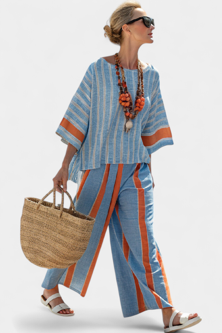 Daisy Conjunto Mediterráneo con Rayas Contraste en Terracota y Azul Cielo
