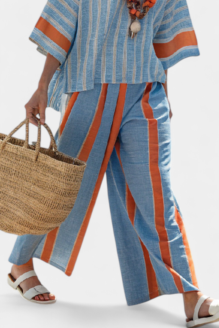 Daisy Conjunto Mediterráneo con Rayas Contraste en Terracota y Azul Cielo
