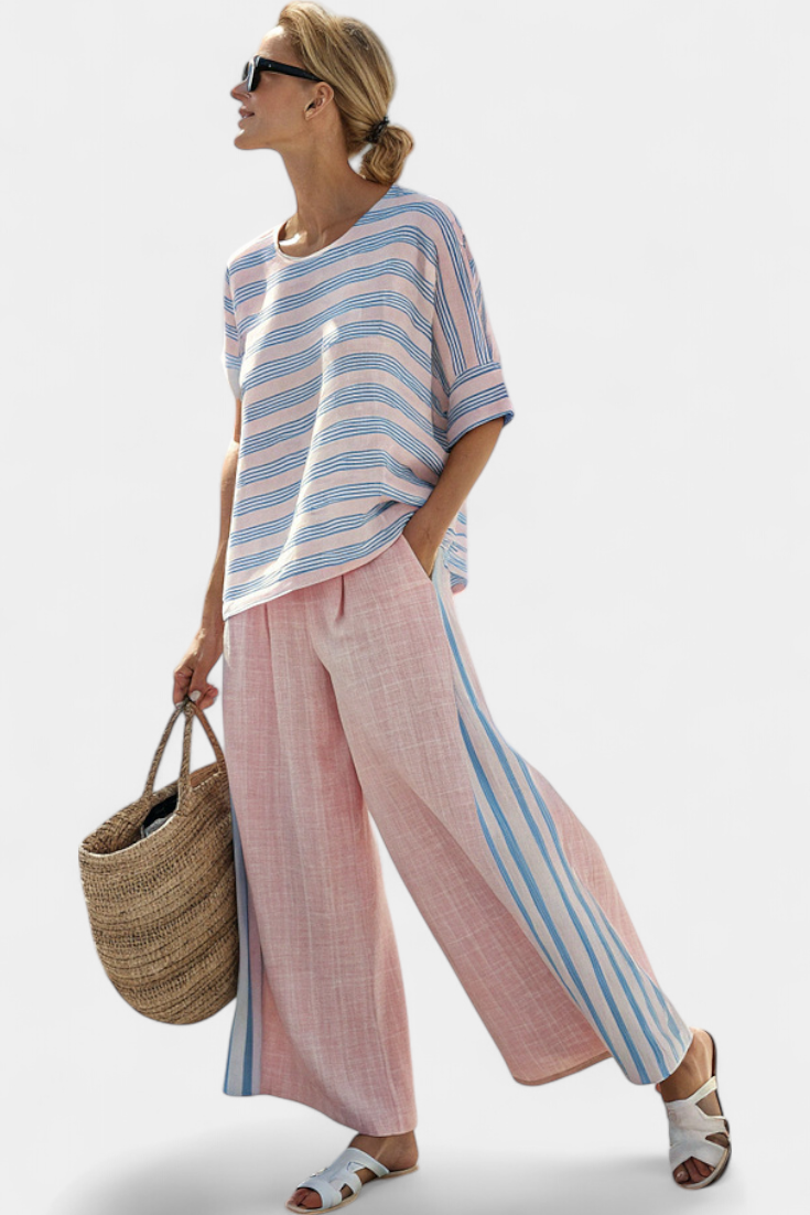 Daisy Conjunto Mediterráneo en Rosa Pastel con Rayas Celestes