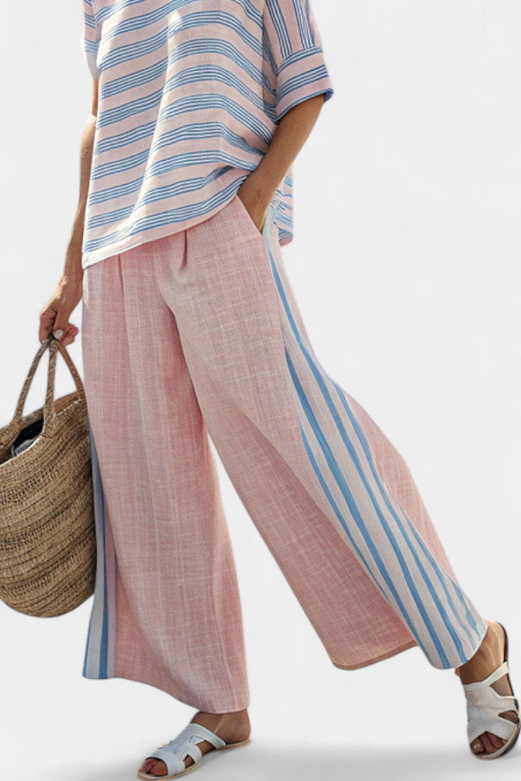 Daisy Conjunto Mediterráneo en Rosa Pastel con Rayas Celestes