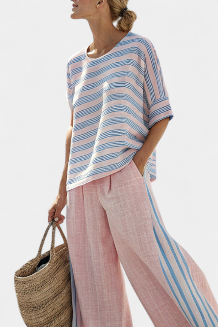 Daisy Conjunto Mediterráneo en Rosa Pastel con Rayas Celestes