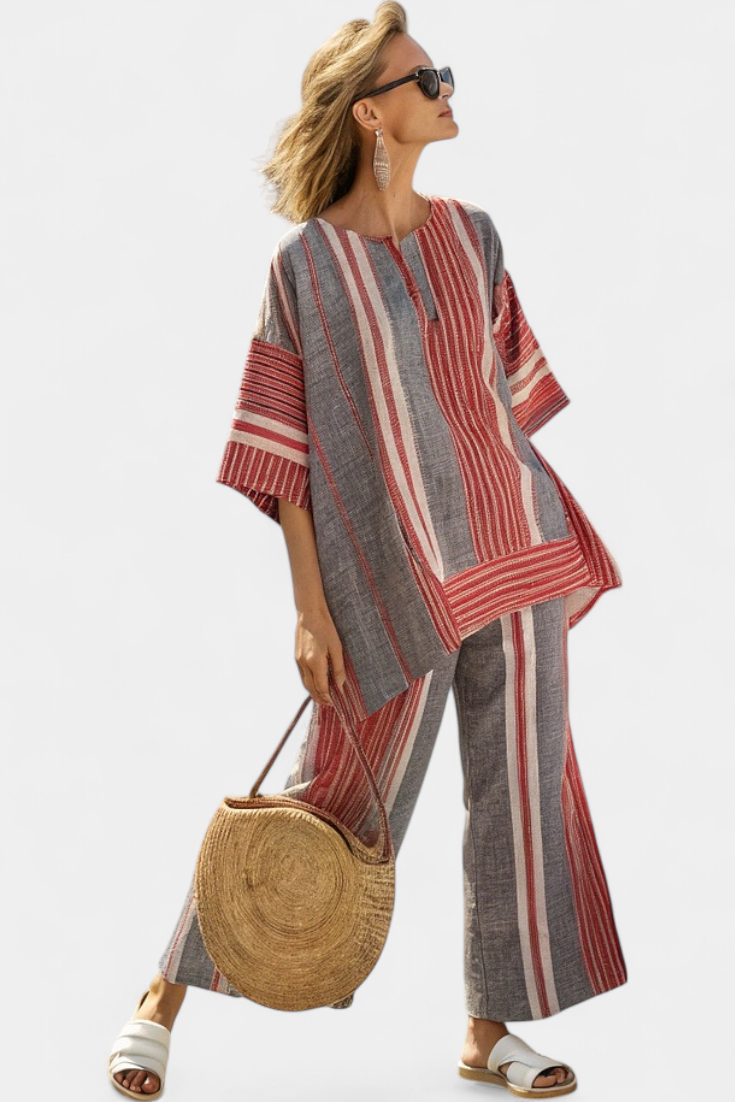 Daisy Conjunto Oversize con Rayas Rojo Coral y Gris