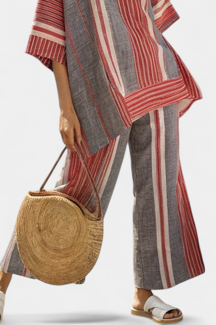 Daisy Conjunto Oversize con Rayas Rojo Coral y Gris