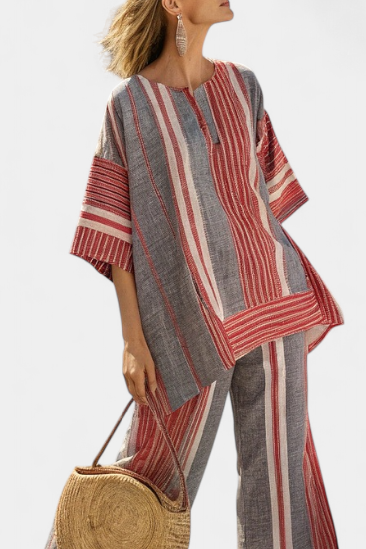 Daisy Conjunto Oversize con Rayas Rojo Coral y Gris
