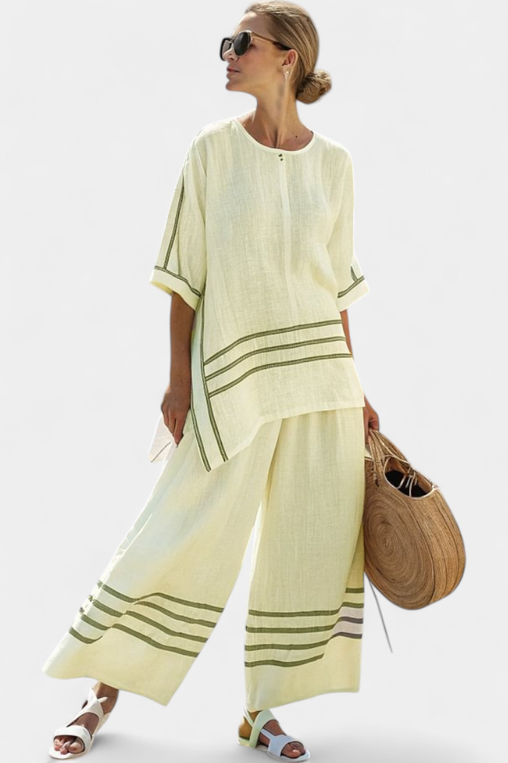 Daisy Conjunto de Pantalón Amplio con Raya y Corte Irregular