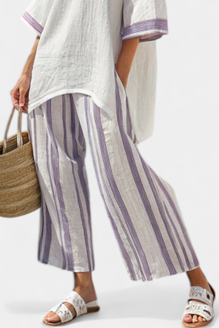Daisy Conjunto Relajado de Blusa Suelta y Pantalón a Rayas