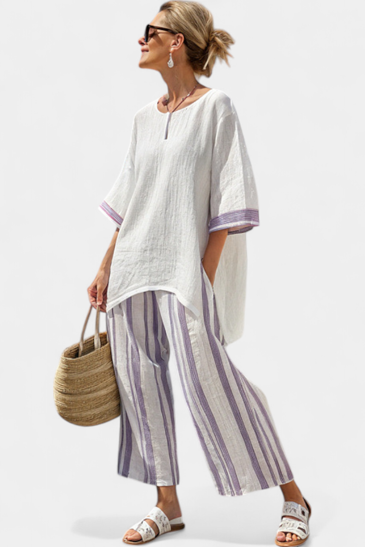 Daisy Conjunto Relajado de Blusa Suelta y Pantalón a Rayas