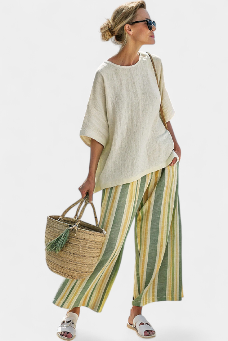 Daisy Conjunto Mediterráneo con Rayas en Verde Oliva y Amarillo Suave