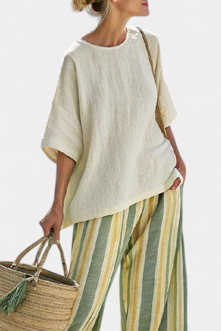 Daisy Conjunto Mediterráneo con Rayas en Verde Oliva y Amarillo Suave