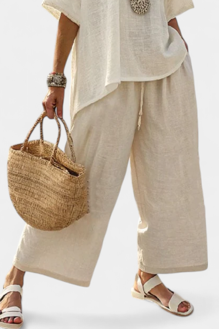 Daisy Conjunto Minimalista en Crudo de Blusa Suelta y Pantalones Anchos