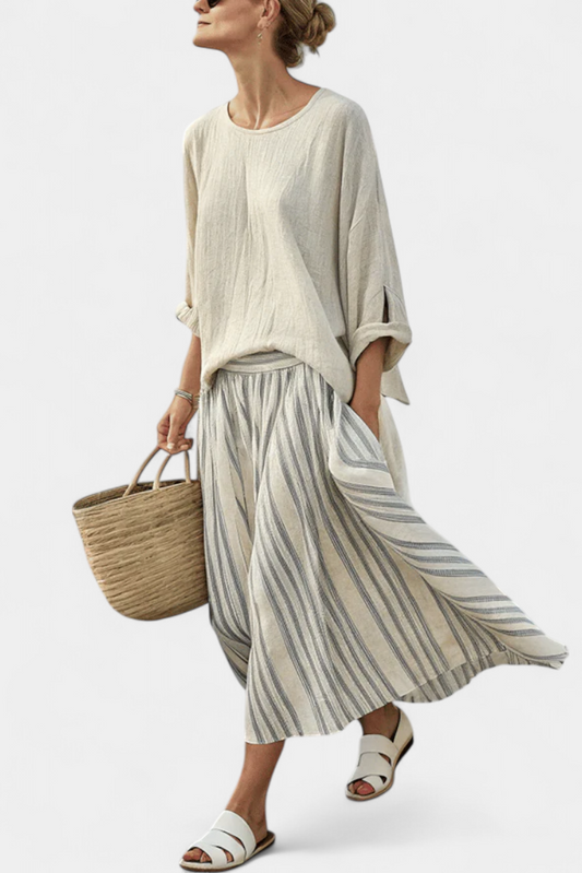 Daisy Conjunto Casual de Blusa Suelta y Falda Midi a Rayas