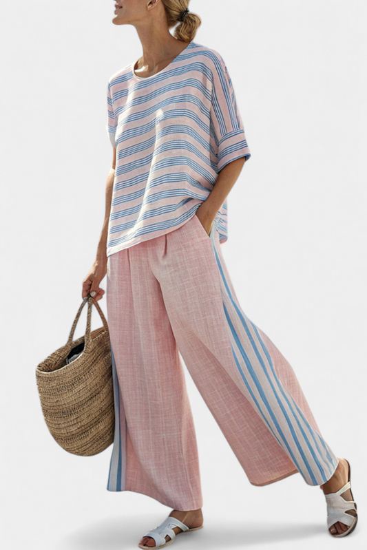 Daisy Conjunto Mediterráneo en Rosa Pastel con Rayas Celestes