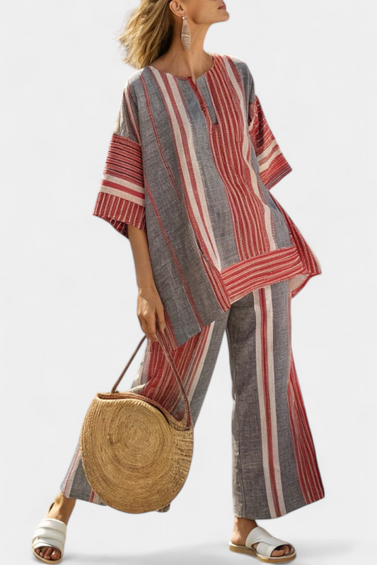 Daisy Conjunto Oversize con Rayas Rojo Coral y Gris