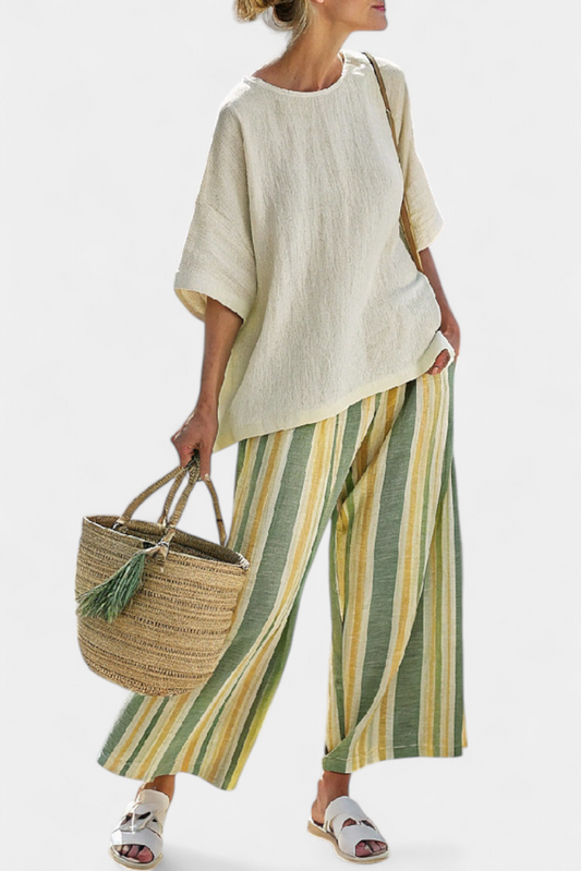 Daisy Conjunto Mediterráneo con Rayas en Verde Oliva y Amarillo Suave