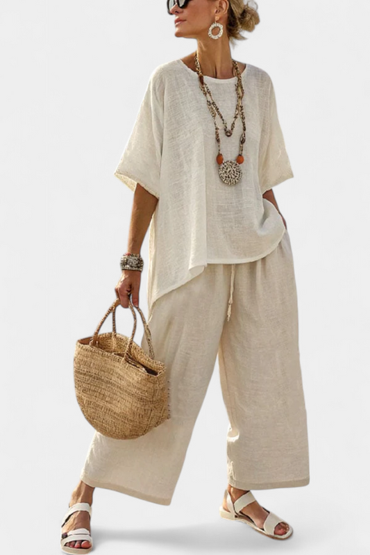 Daisy Conjunto Minimalista en Crudo de Blusa Suelta y Pantalones Anchos